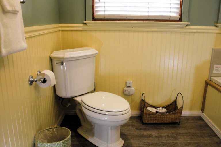 Clean guest toilet area with yellow beadboard wainscoting, sage green walls, and a large window.